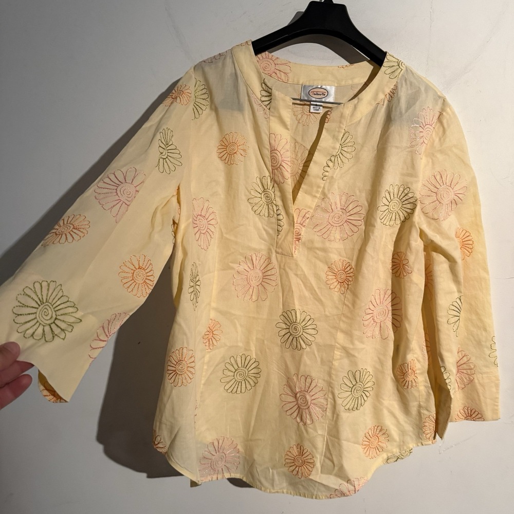 Talbots Large Top Embroidered Flower‎ Butter Yellow Boho Resort Cottagecore